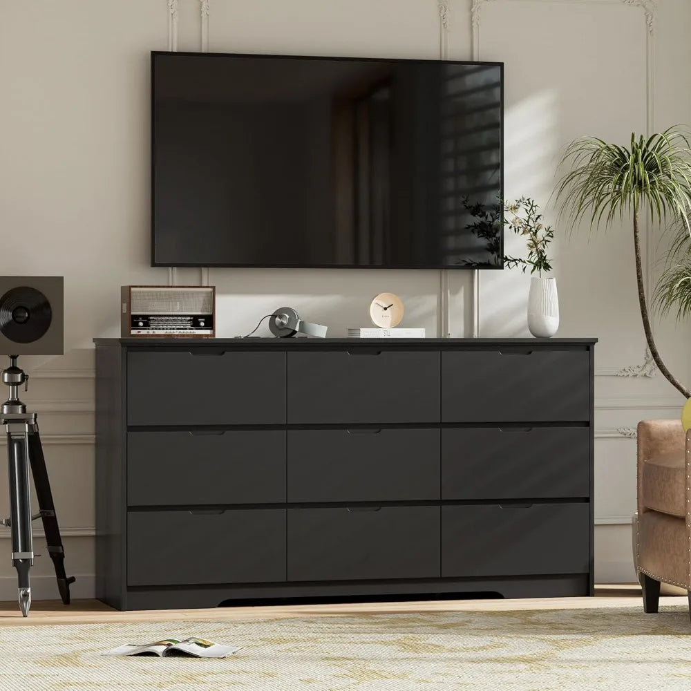 Tradre 59'' Black Dresser for Bedroom, 9 Drawer Wood Dresser with Handle Free, Large Modern Chest of Drawers for Home Office, Li