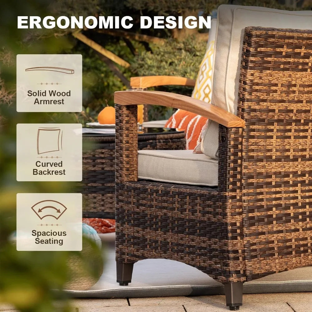 9 Piece Outdoor Patio Furniture Set, Half-Moon Curved Sectional Sofa Rattan Conversation Set with Wood Armrests, Coffee Table