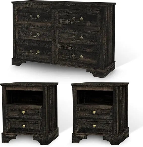 Farmhouse Bedroom Set, 3 Pieces Bedroom Furniture Set, Rustic Wood 6 Drawer Dresser and Nightstands, Chest of Drawers Wide Stora