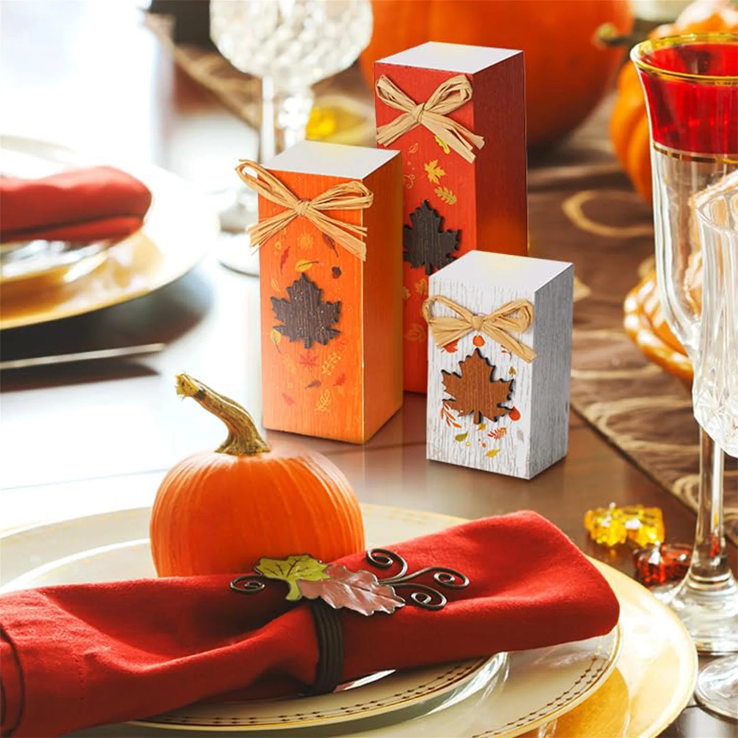 Rustic Autumn Tabletop Decor Set with Wooden Standing Blocks and Letter Print Signs for Tiered Trays 3 Pieces