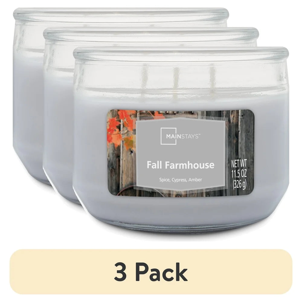 3 Pack Fall Farmhouse Scented Candle 11.5oz 3 Wick Paraffin Wax Bourbon Brown Sugar Pecan Gift Idea Perfect Home Decor