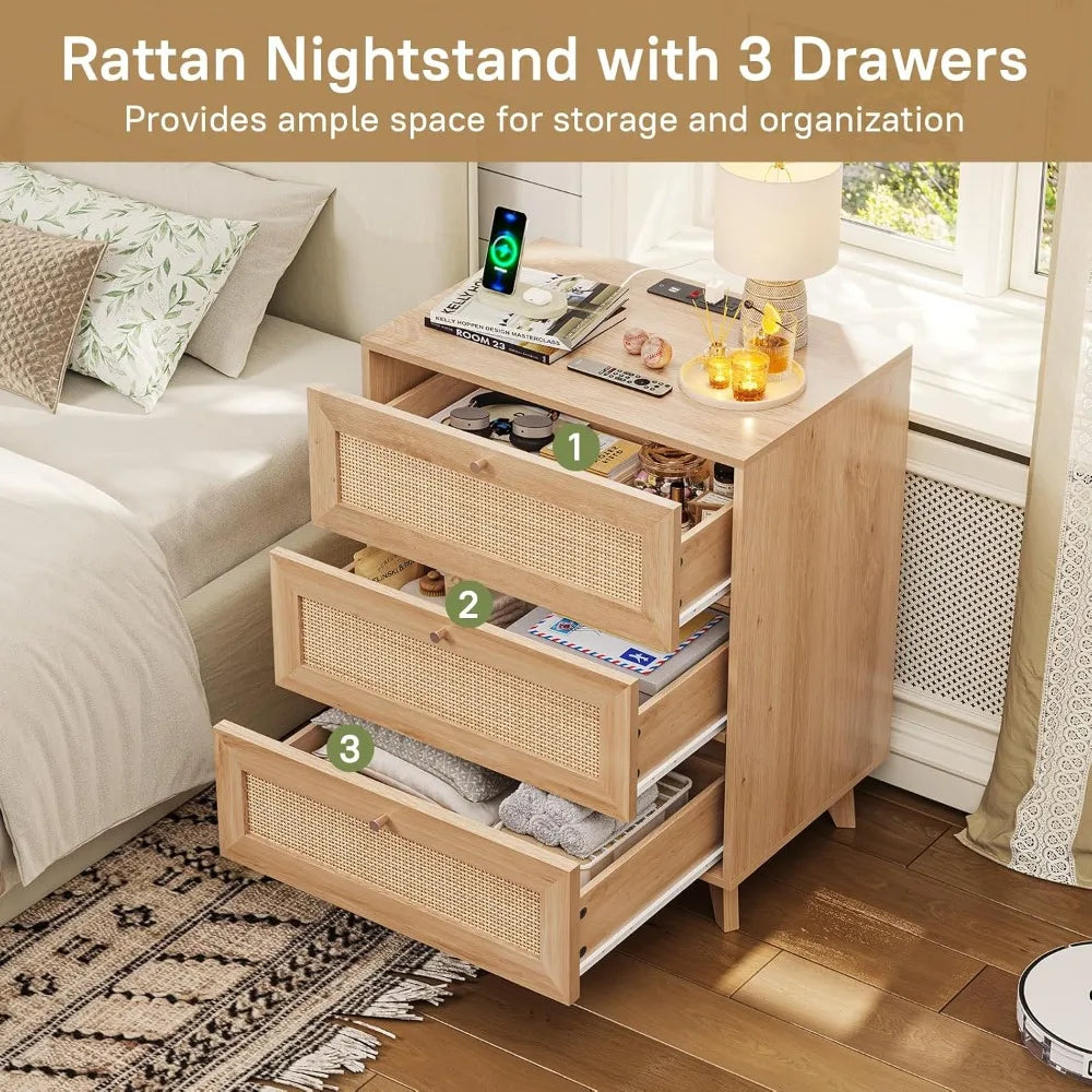 Rattan Nightstand with Charging Station, Night Stand with 3 Drawers and 2 USB Ports and 2 AC Outlets, Rattan Bedside Table