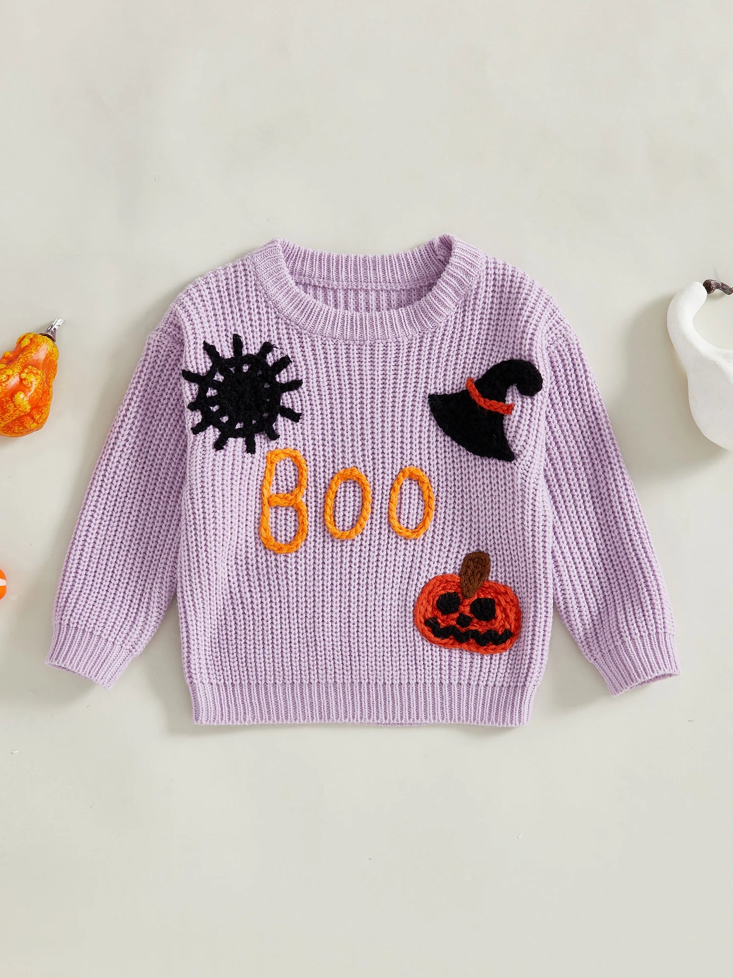 Women s Halloween Knit Sweater with Long Sleeves Round Neck Letter Pumpkin Spiderweb and Witch Hat Embroidery - Festive