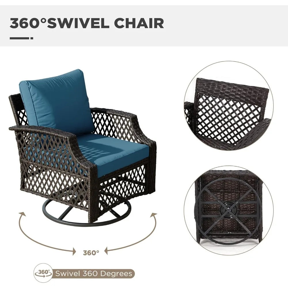 3 Piece Outdoor Swivel Chair Set, Wicker Patio Bistro Set with Thickened 25D Cushions and Glass Coffee Table, Patio Furniture C