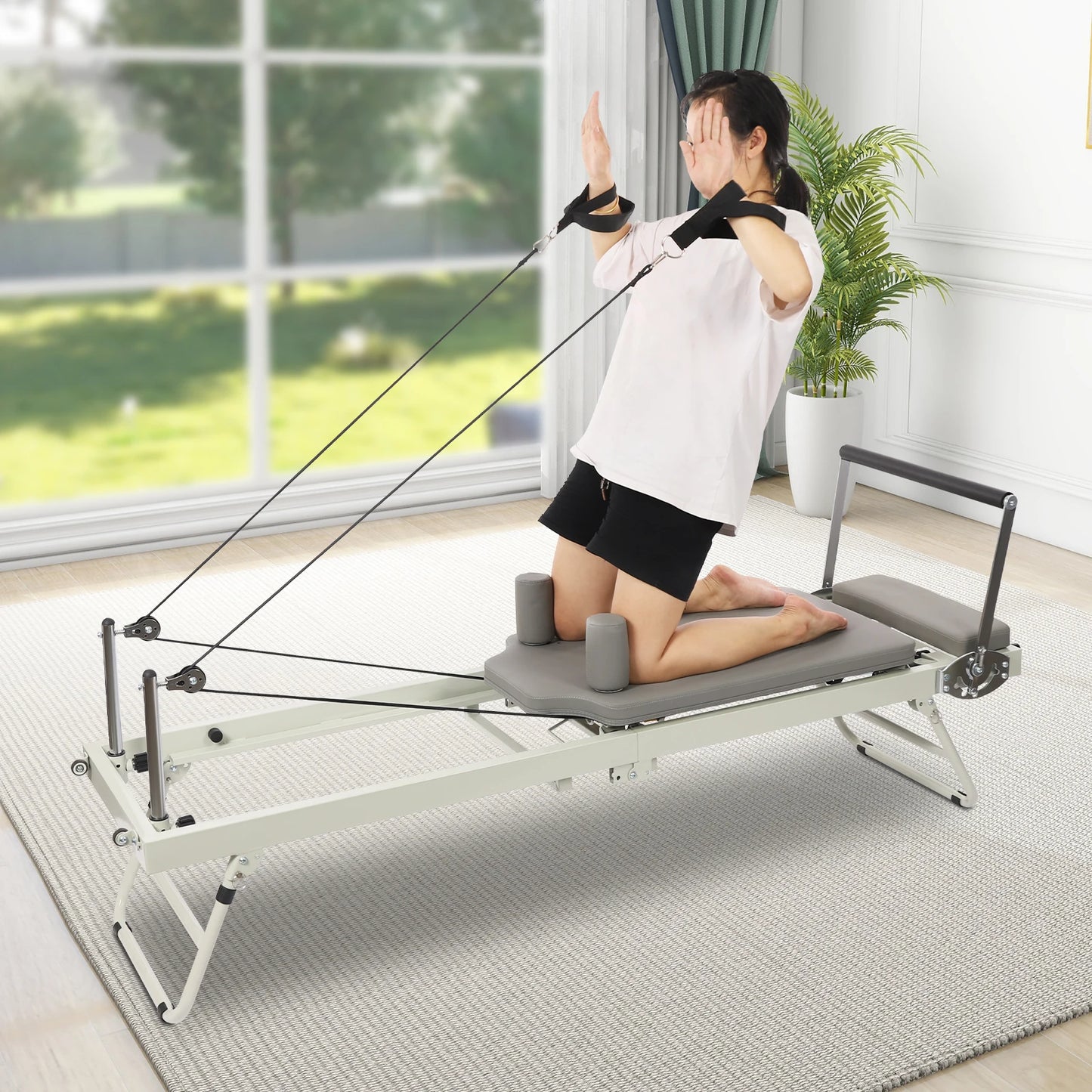 Foldable Pilates Reformer Machine with Latex Springs, 3-Level Rope Adjustment & 4-Position Foot Bar – Gym Yoga Fitness Equipment