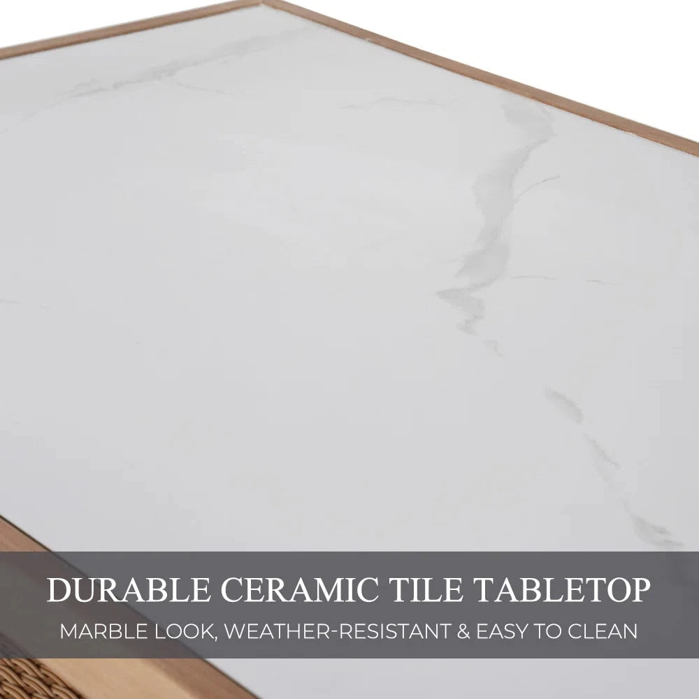 Outdoor Tiki Bar Set with Widen Ceramic Top (42" W), Phuket 3-Piece Wicker Islander Tiki Bar and 2 Stools Storage for Garden