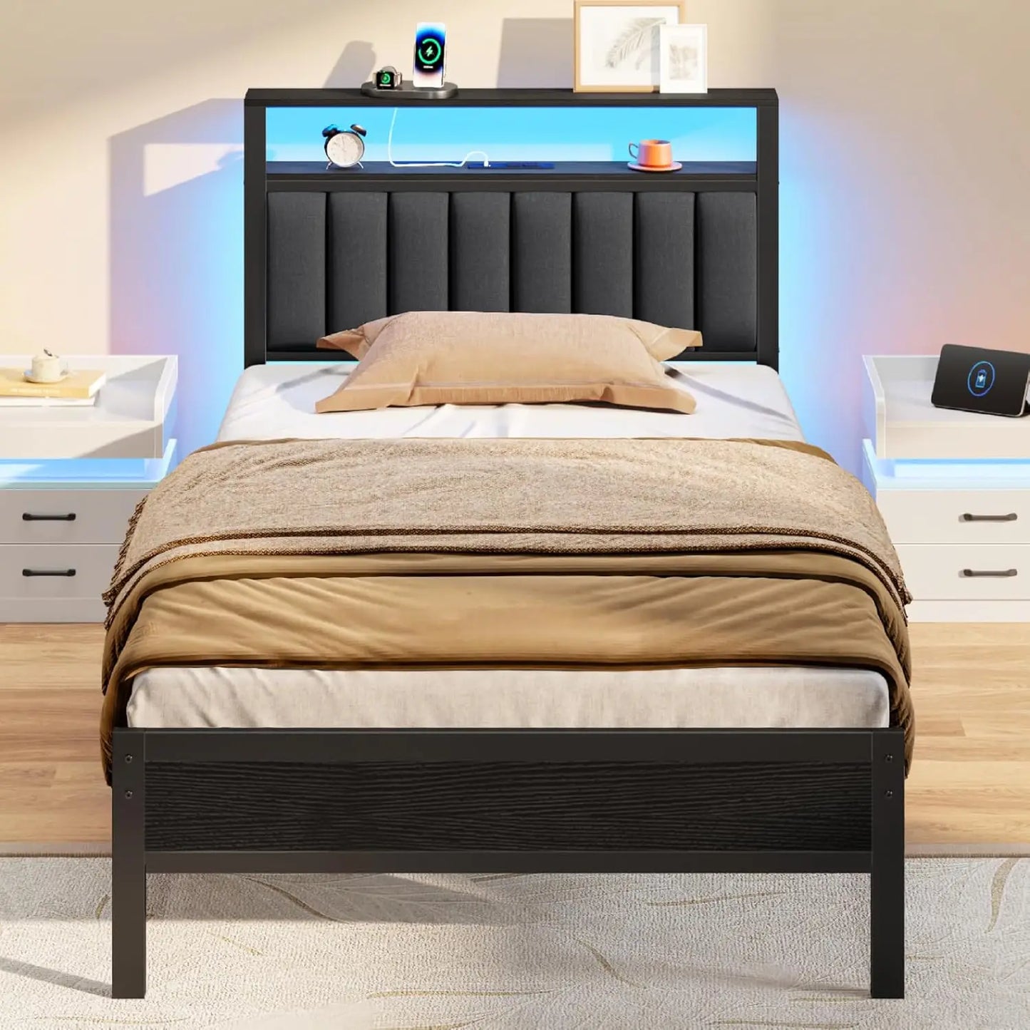 LED Twin Size Bed Frame with Charging Station and 2-Tier Storage Shelves, Platform Bed with Metal Slats, No Box Spring Needed