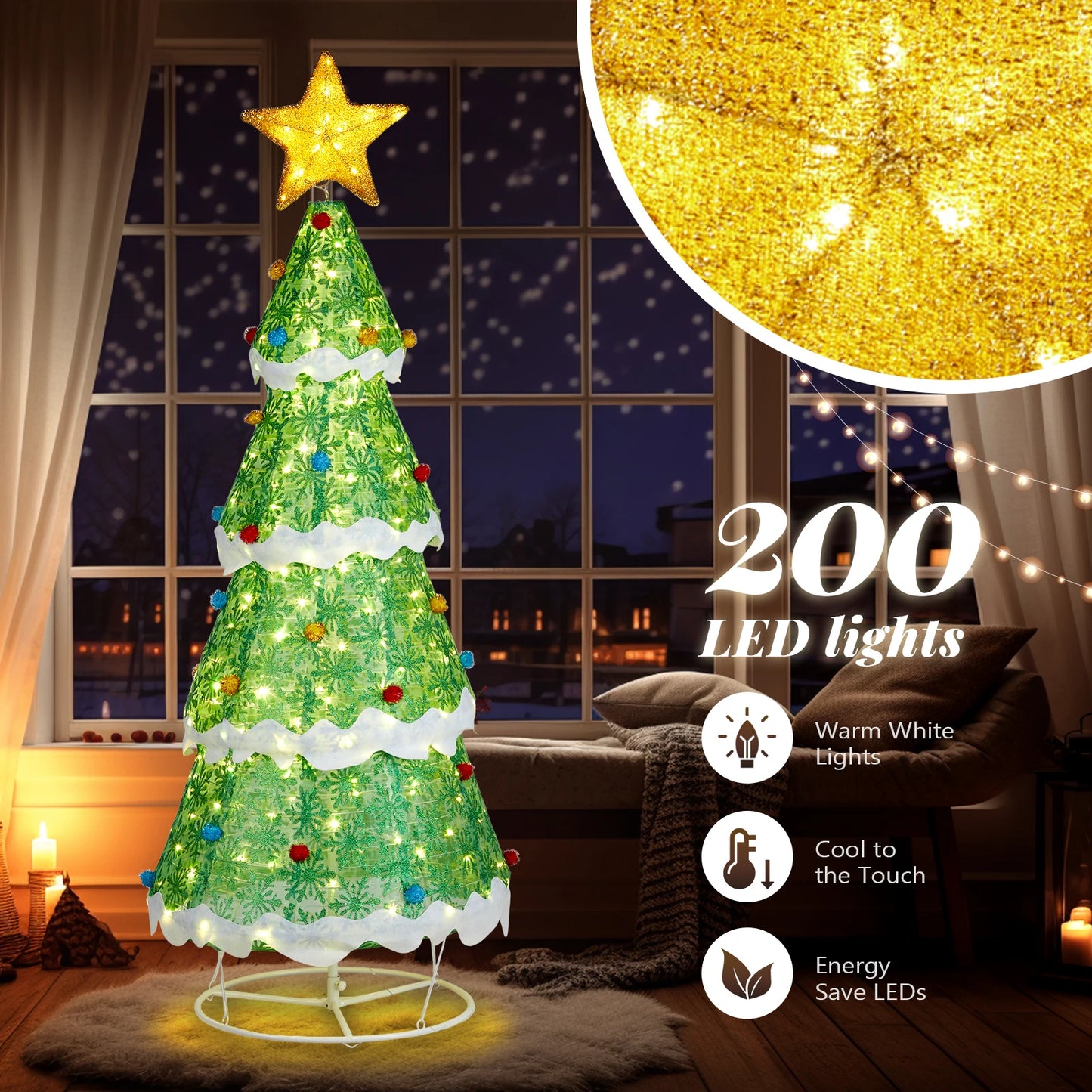 70*70*194CM Star Christmas Tree Telescopic Warm White Light Snowflake with Powder Cloth 30V3.6W Christmas Tree Light Decoration