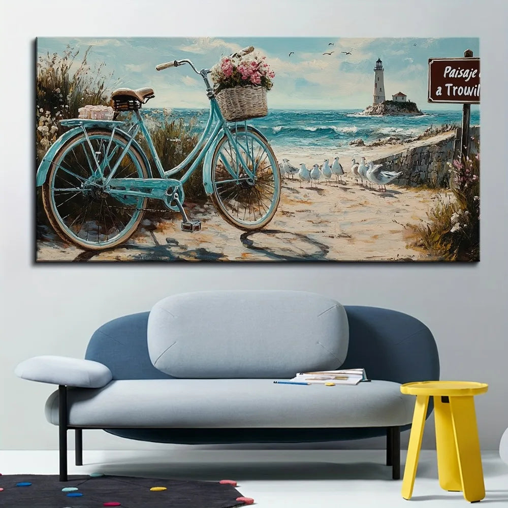 Lighthouse Seascape Painting In Pine Wood Frame Wall Art