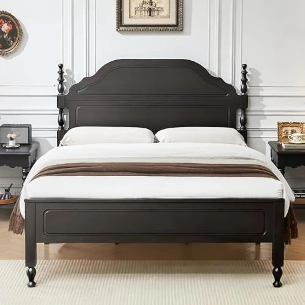 BedsPick Solid Wood Bed Frame Queen Size, Wooden Retro Style Queen Bed Frame with Headboard and Footboard, Heavy Duty Bed Frame