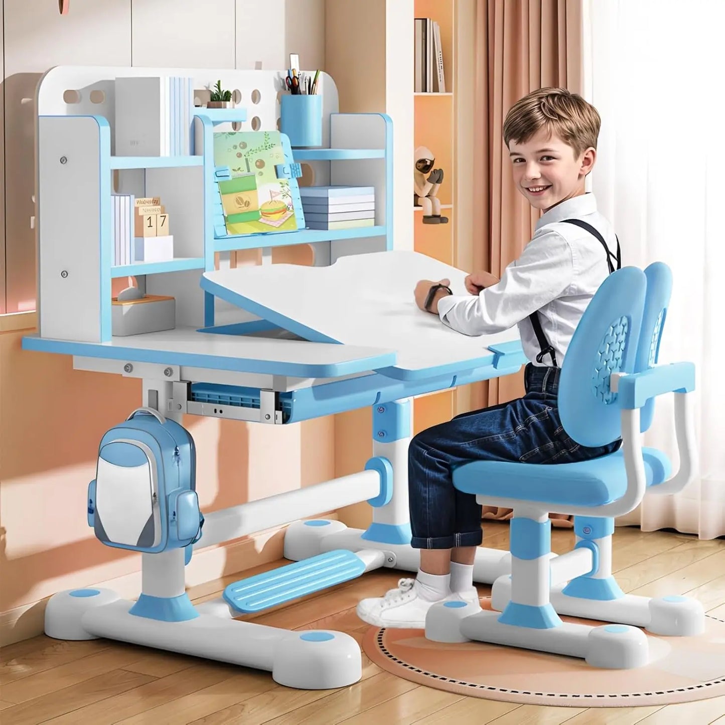 Kids Functional Desk and Chair Set, Ergonomic Height Adjustable Children School Study Desk with Tilt Desktop, Book Stand, Metal