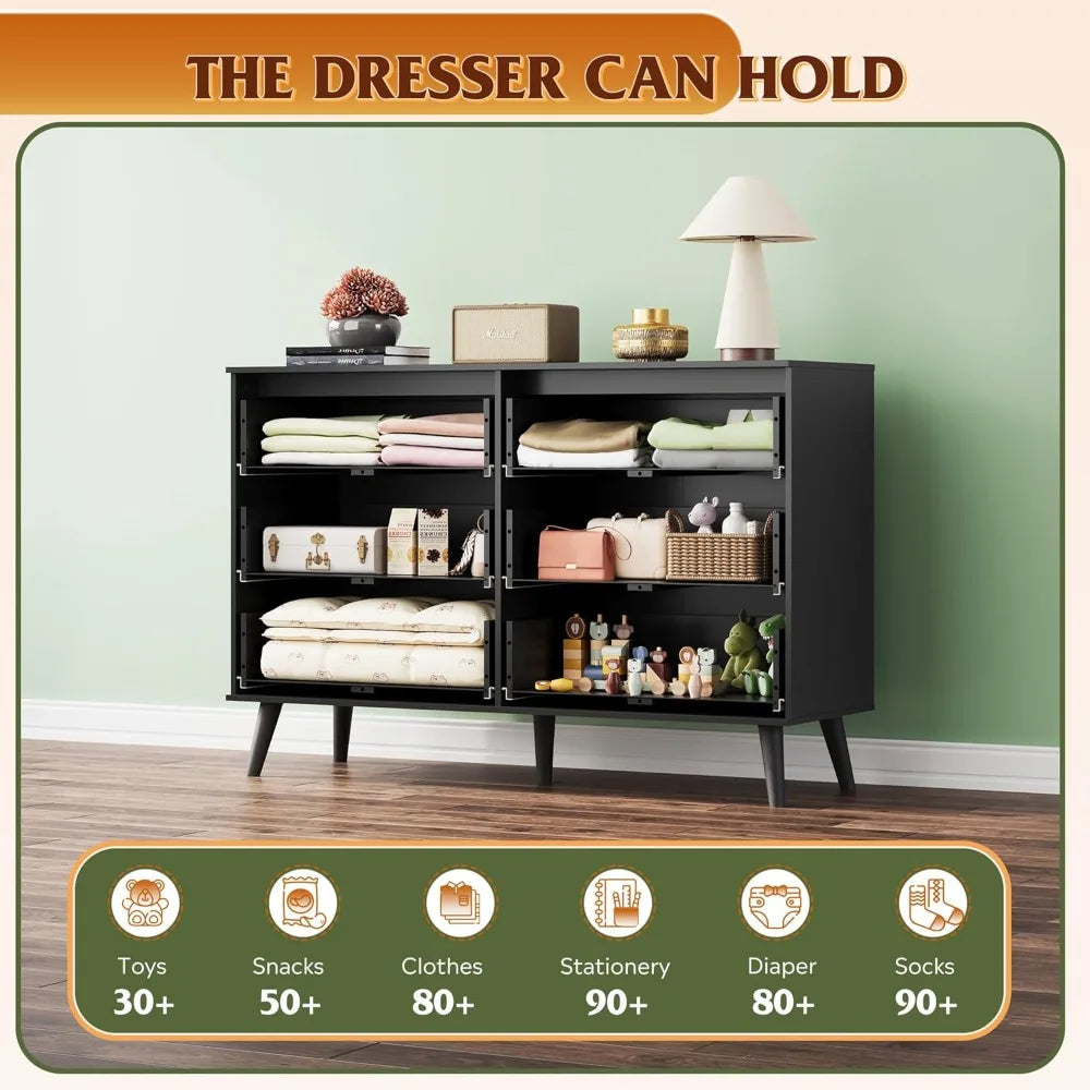 Black Dresser for Bedroom, 47.24'' Wide 6 Drawer Wood Dresser Storage Organizer with Sturdy Metal Handle, TV Stand for 55 inch