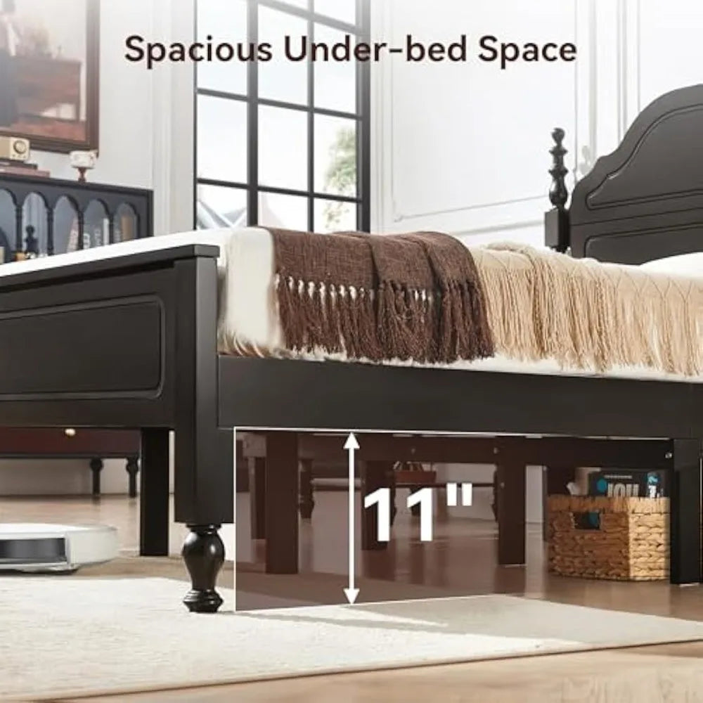 BedsPick Solid Wood Bed Frame Queen Size, Wooden Retro Style Queen Bed Frame with Headboard and Footboard, Heavy Duty Bed Frame