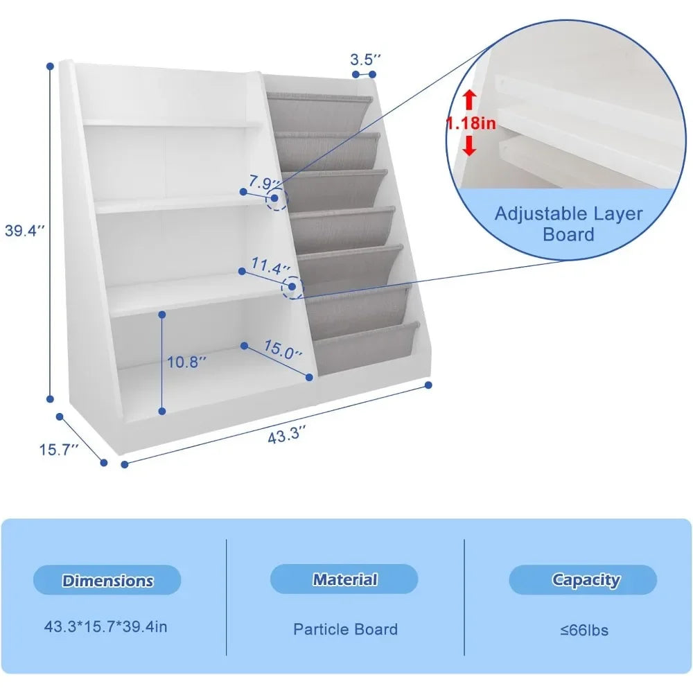 White Kids Bookshelf Wood Toy Storage Organizer Cabinet Children Bookcase Toddler Baby Sling Book Rack Adjustable Shelf