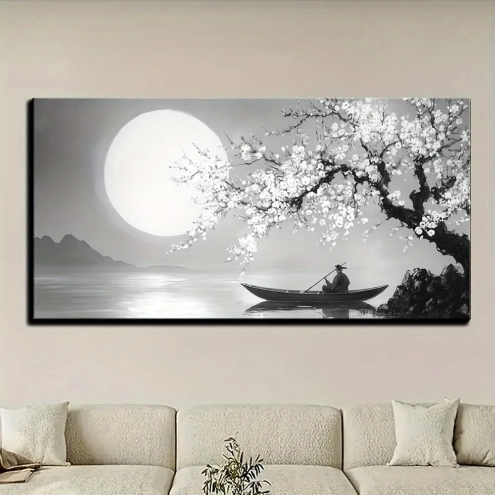 Framed Floral Moon Canvas Wall Art In Pine Wood Frame