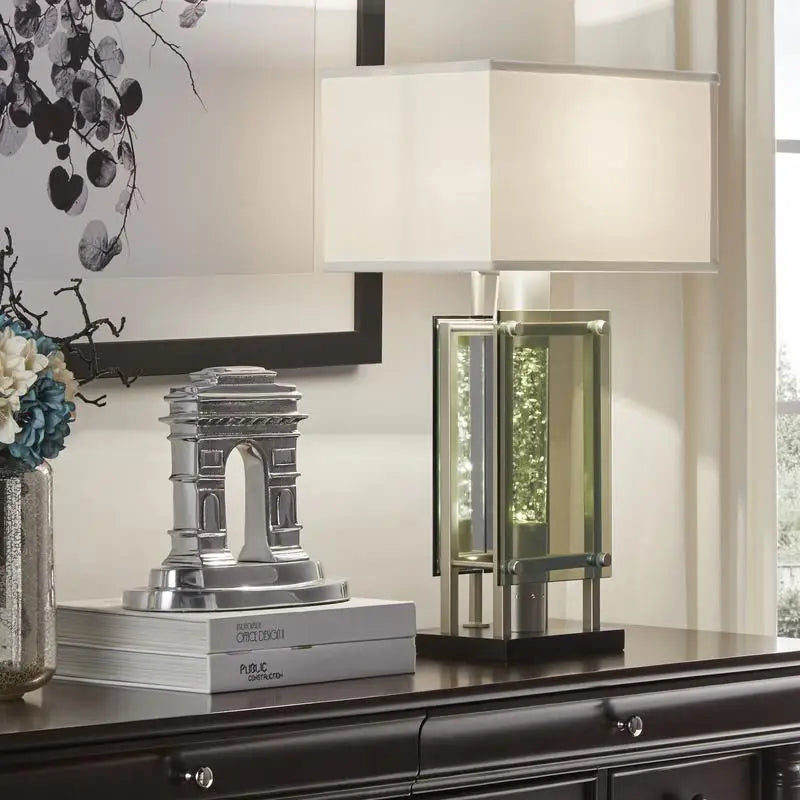 Modern Silver Finish Table Lamp for Nightstand, Water Dancing Light Home Decor, Luxury Nightlight for End Table or Sofa