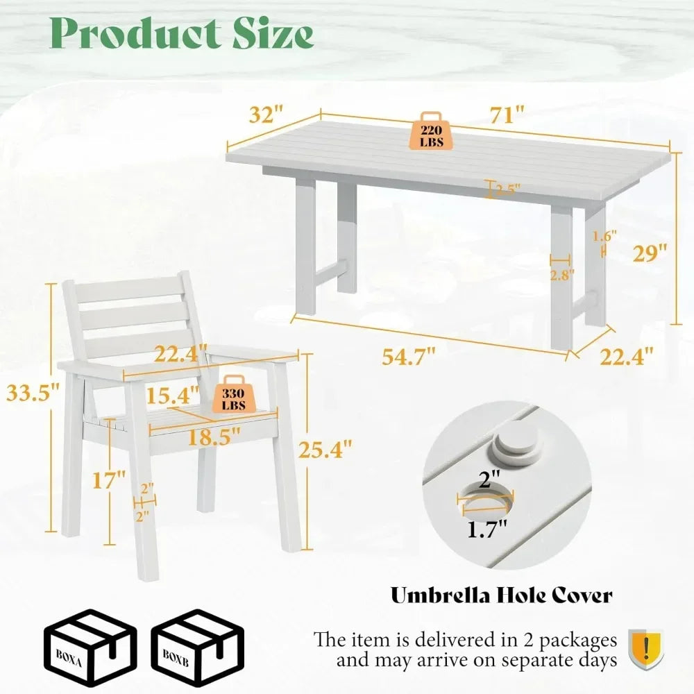7-Piece HDPE Outdoor Dining Table Set with 6 Chairs,71" L Patio Dining Furniture Set with Umbrella Hole