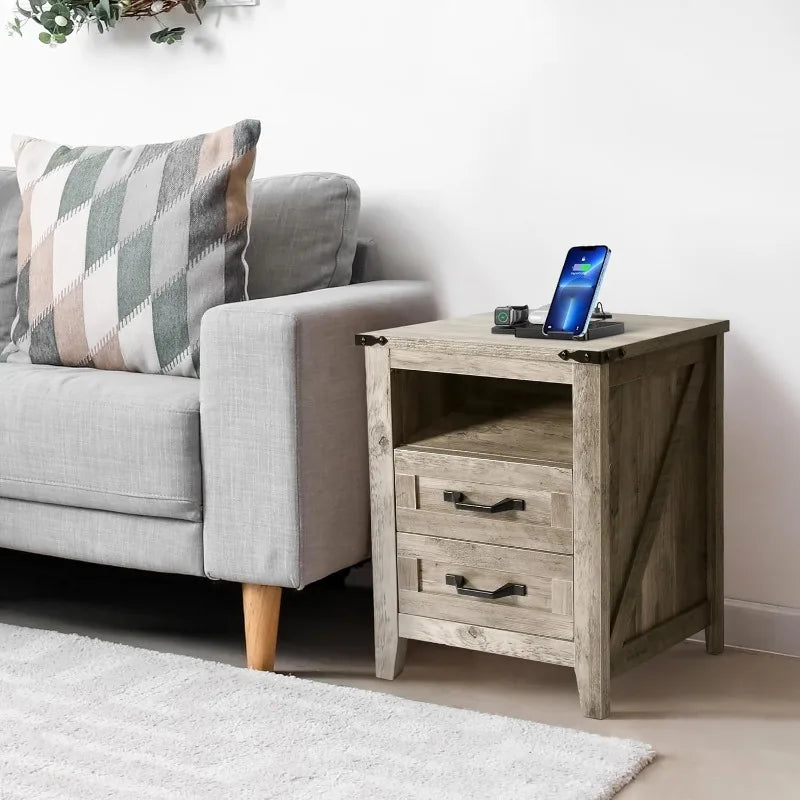 4PCS Farmhouse Dresser Set,2 Drawer Nightstand Set of 2 with USB. Light Rustic Oak