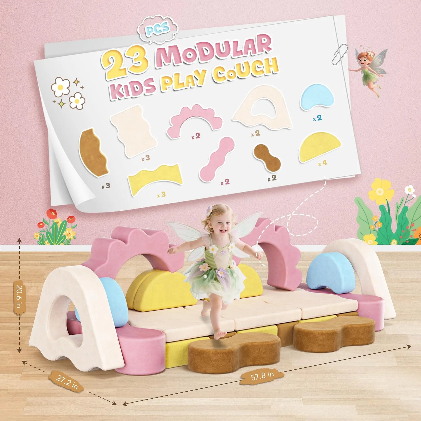 Modular Kids Play Couch 23-Piece, Convertible Toddler Foam Couch Flower Theme