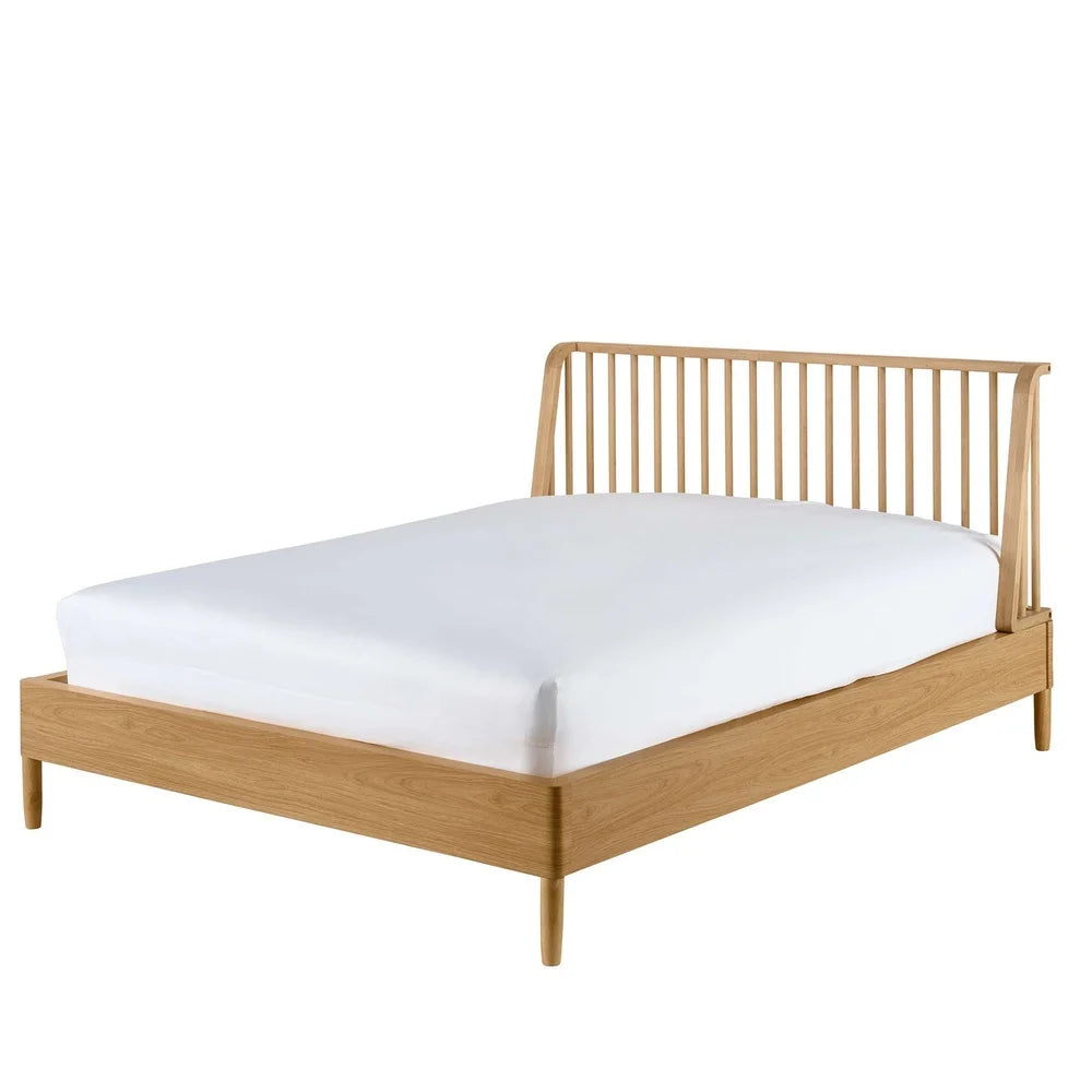 Natural Pine Finish Queen Spindle Bed Durable Solid Wood Wingback Headboard Elevated Legs Stylish Bedroom Furniture Assembly