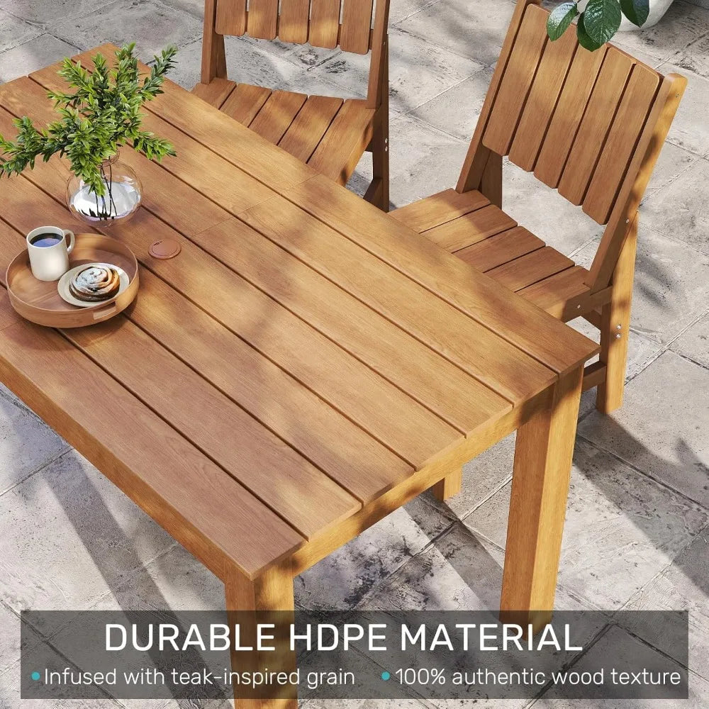 Outdoor Dining Set for 6,HDPE Rectangle Table and Chair, Weather-Resistant, Patio Furniture Sets with Umbrella Hole for Backyar