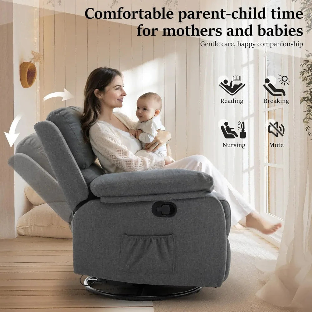 360 Swivel Rocker Chair for Adults, Small Rocking Recliner Chair , Upholstered Fabric Glider Recliner Nursery Chair
