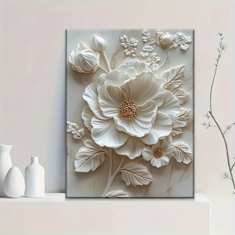 White Flower Pattern Wood Frame Canvas Mural Living Room