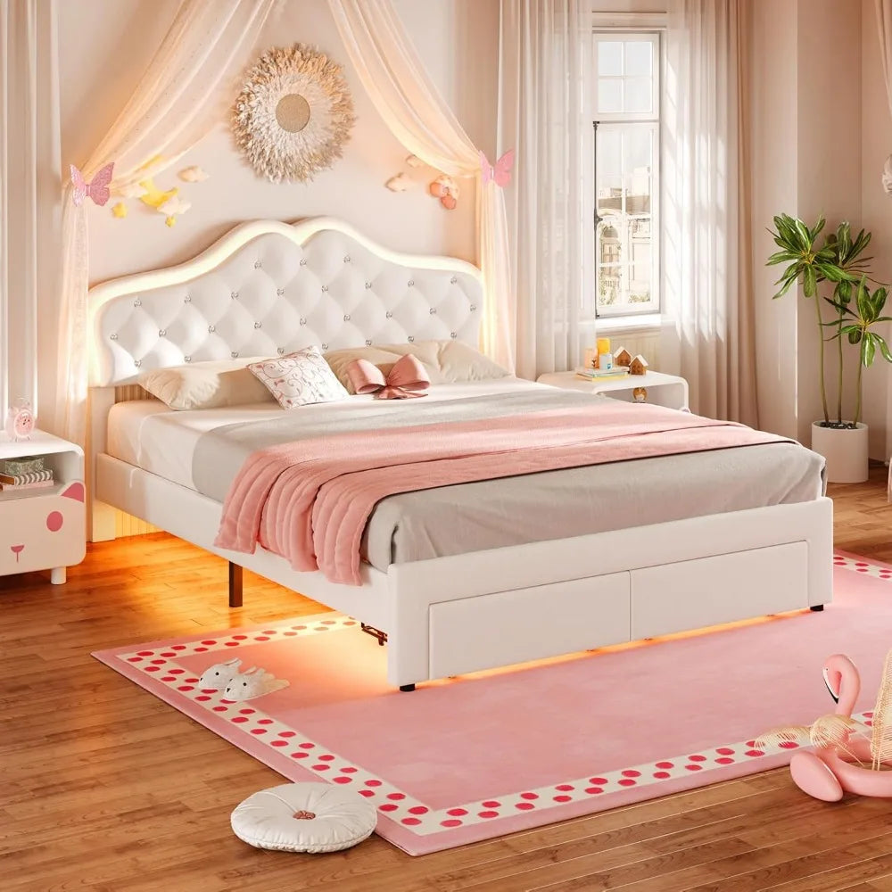 Full Size Girl Bed with 2 Storage Drawers & LED Lights, Upholstered Platform Bed, Adjustable Headboard with Velvet Crystal Butto