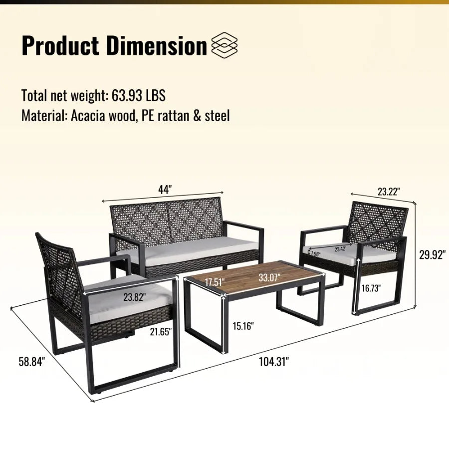 4Piece Patio Furniture Set Outdoor Balcony Porch Garden Backyard Lawn Furniture Acacia Wood Table Top Morden Brown and Beige Cu