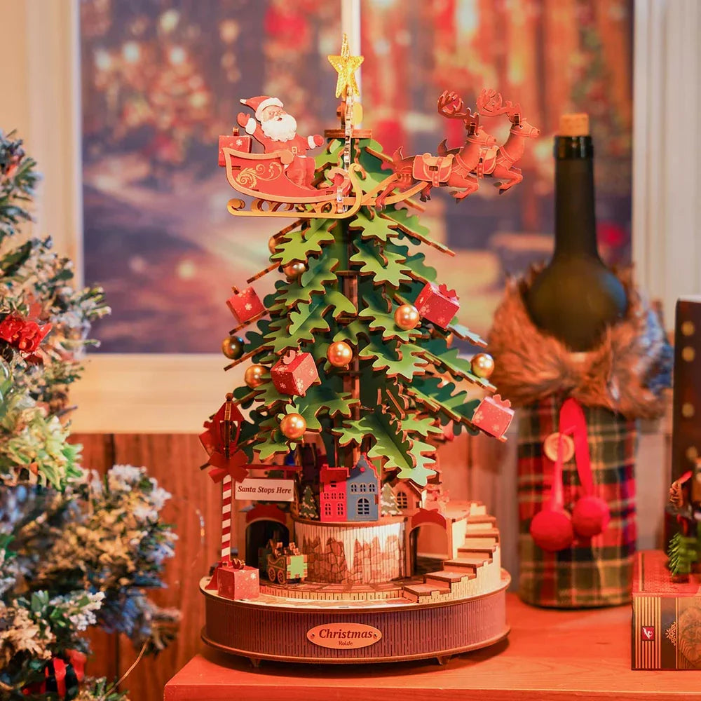 Robotime Rolife Christmas Melody Tree Music Boxes 3D Wooden Puzzle with Light Perfect Gifts for Family Easy Assemble Toys