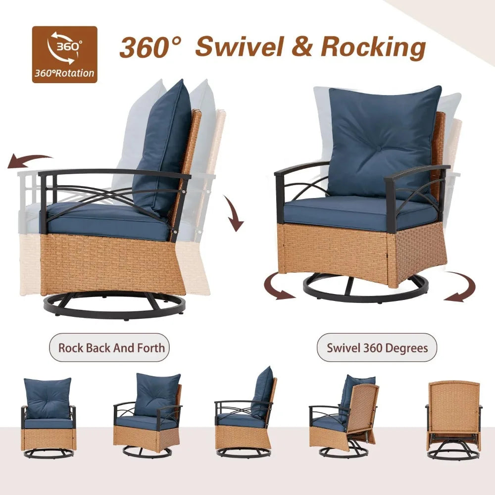3 Pieces Patio Furniture Set, Outdoor Swivel Patio Rocker Chairs with Thick Cushions and 2-Tier Coffee Table