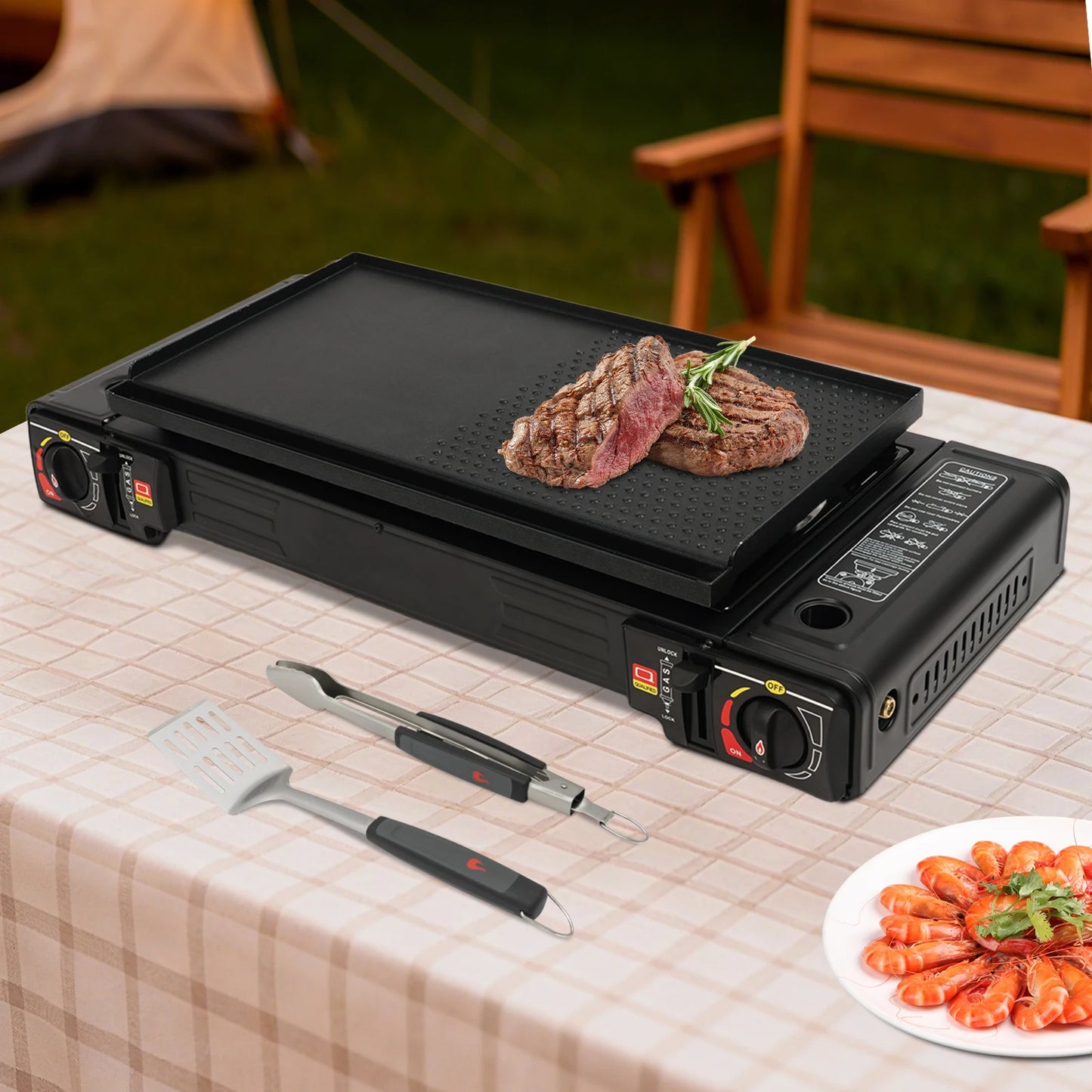 2-Burner Camping Stove Portable Gas Stove Kit Picnic Baking Tray Camping Grill Outdoor Cooking Stove with Carrying Burner LPG