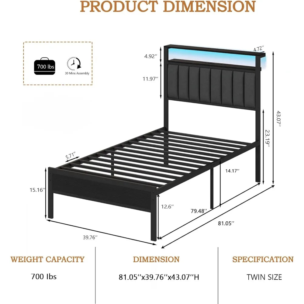 LED Twin Size Bed Frame with Charging Station and 2-Tier Storage Shelves, Platform Bed with Metal Slats, No Box Spring Needed