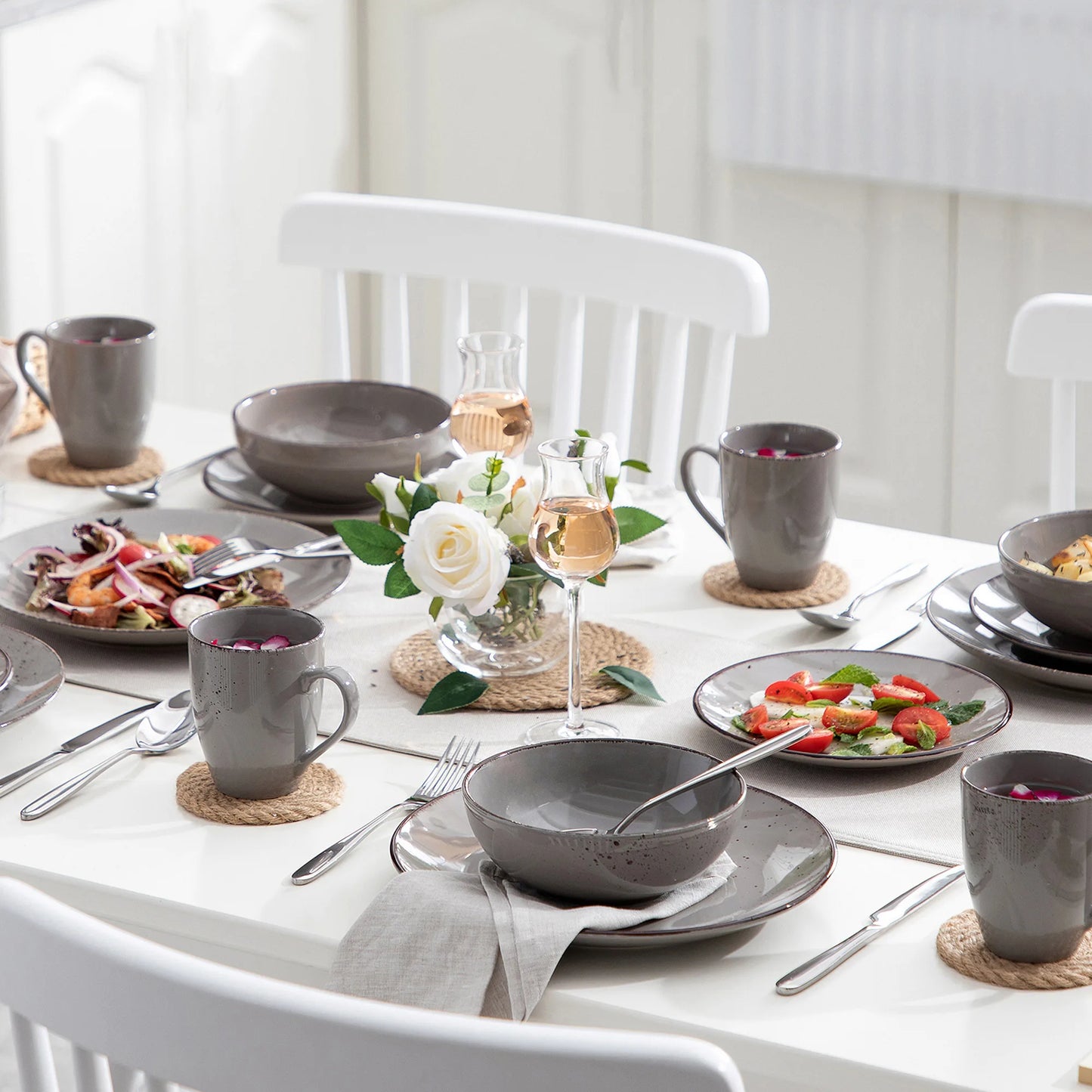 Vancasso Navia Grey 16/32/48-Piece Ceramic Stoneware Dinnerware Set with Dinner Plate,Dessert Plate,800ml Bowl,Mug Tableware Set
