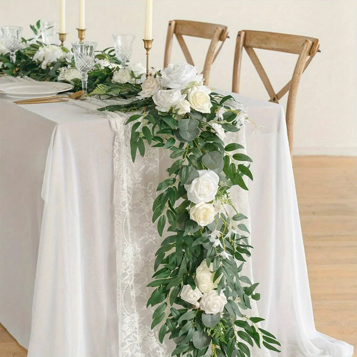 1Pc Eucalyptus Willow Leaf Flower Garland - 5.9ft Eucalyptus & Rose, Sweetheart Table Decor for Wedding Reception,