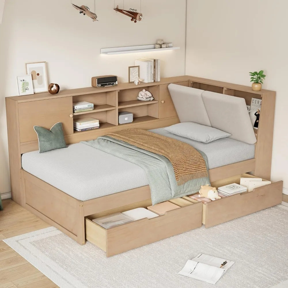 Full Daybed with Storage Bookcase,Upholstered Headboard and Charging Station,Solid Wood Full Captain Bed with Storage Drawers C