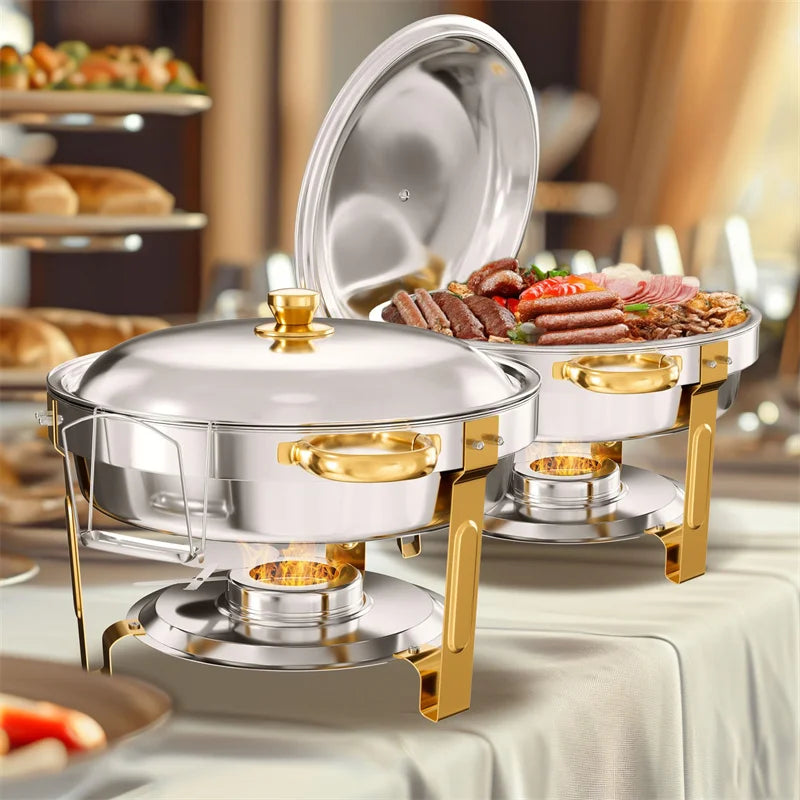 5QT 2/4 Pack Gold Round Chafing Dish Food Warmer Set with Stainless Steel Lid Fuel Can Home Party Hotel Buffet Gas Fuel Food Pan