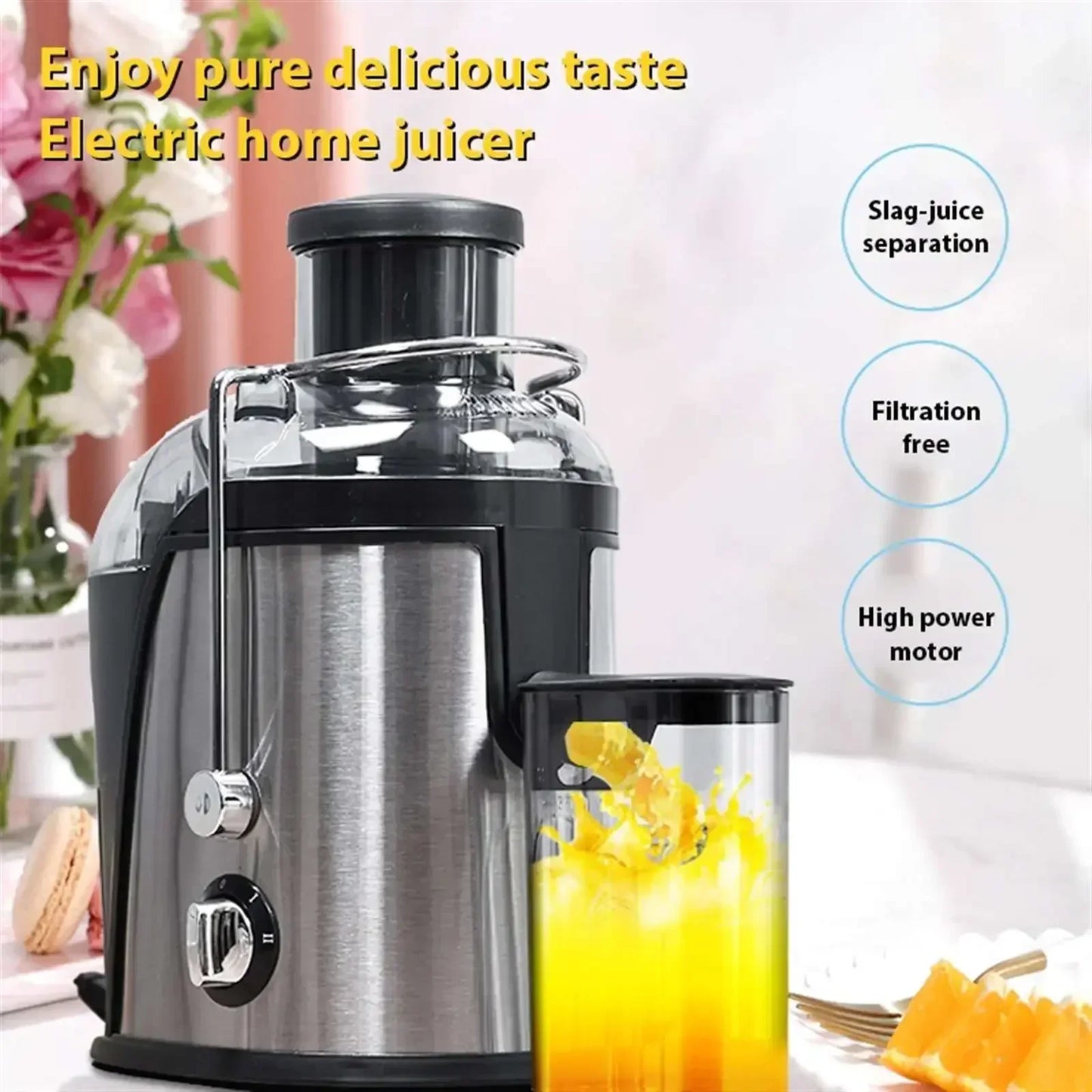Stainless Steel Centrifugal Fresh Juice Machine Automatic Pulp Ejection 3inch with 2 Speeds Household Juice Separation Juicer