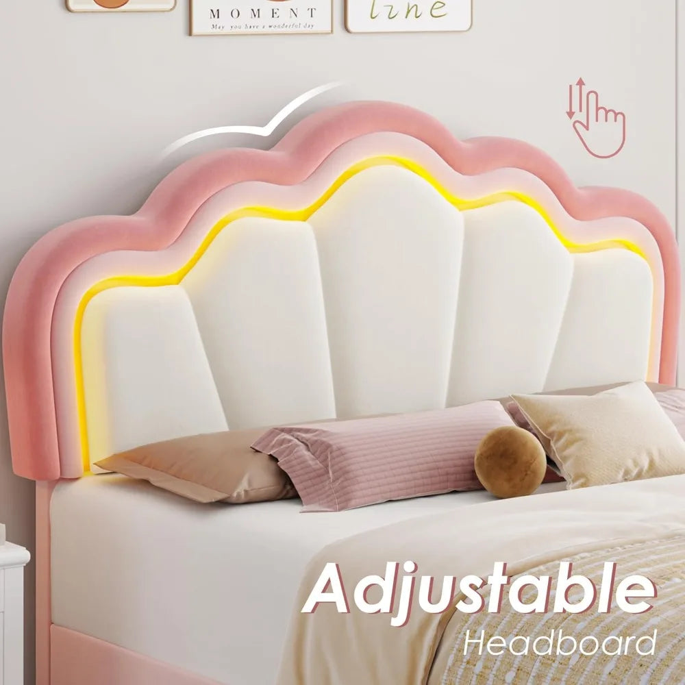 Full Upholstered LED Bed Frame with Storage Drawers, with Adjustable Lotus Headboard, Velvet Princess Platform Bed Frame