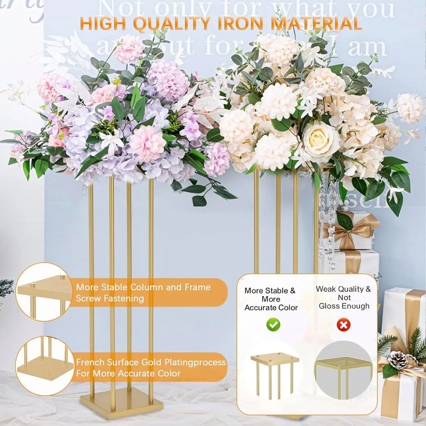 8pcs 31.5inch Rectangular Gold Metal Wedding Flower Stand Vase Geometric Centerpiece Flower Display for Home Party Decorations