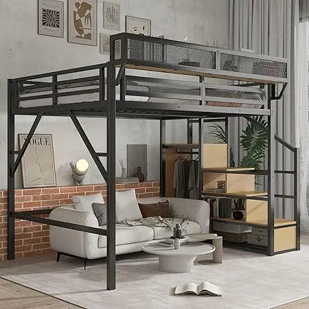 Queen Loft Bed with Stairs, Metal Loft Beds Queen Size with Storage Shelves, Adults Loft Bed with Wardrobe