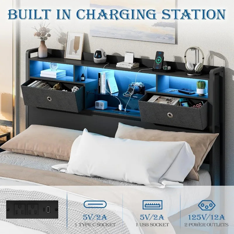 Full Size Bed Frame Full Size 3-Tier Storage Headboard, 2 Storage Baskets, LED, Charging Station No Box Spring Needed (Full)