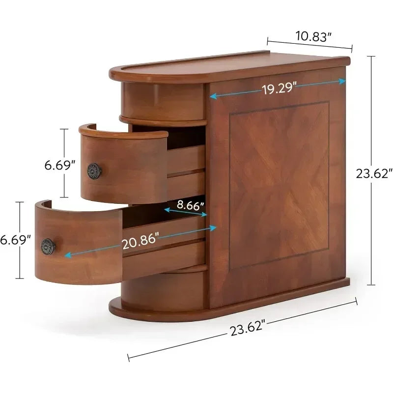 Wood End Table with 2 Drawers Sofa Side Table, No Assembly Required Vintage Slim Nightstand Bedside Table for Bedroom