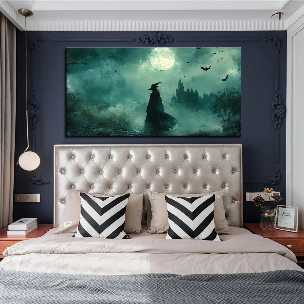 Halloween Moonlight Witch Canvas Poster With Wood Frame