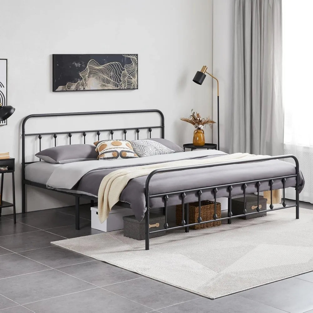 Classic Metal Platform Bed Frame Mattress Foundation with Victorian Style Iron-Art Headboard/Footboard/Under Bed Storage