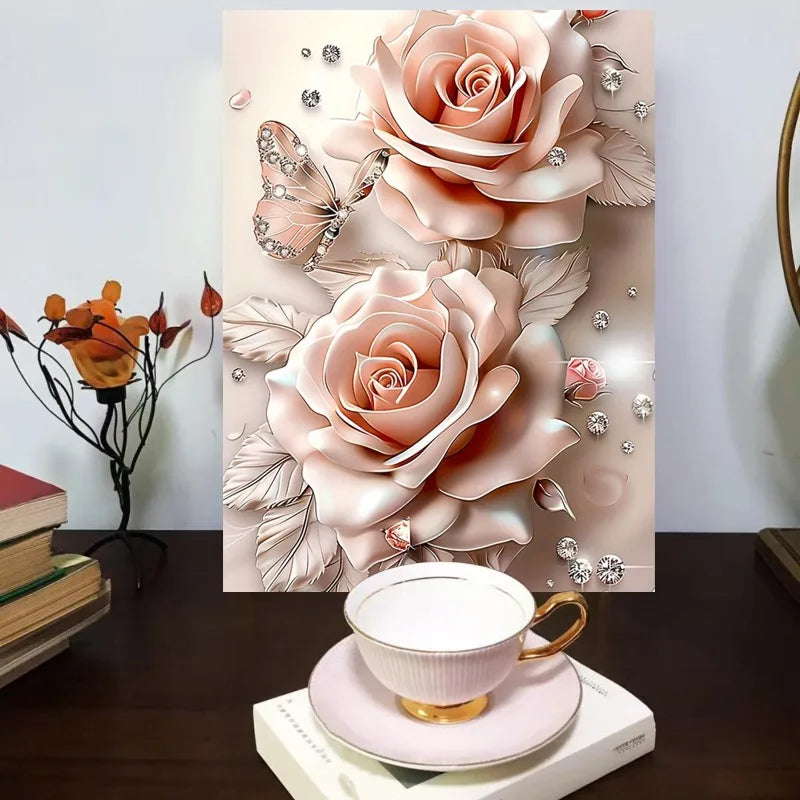 Dream Pink Rose Butterfly Diamond Canvas Wall Art Framed