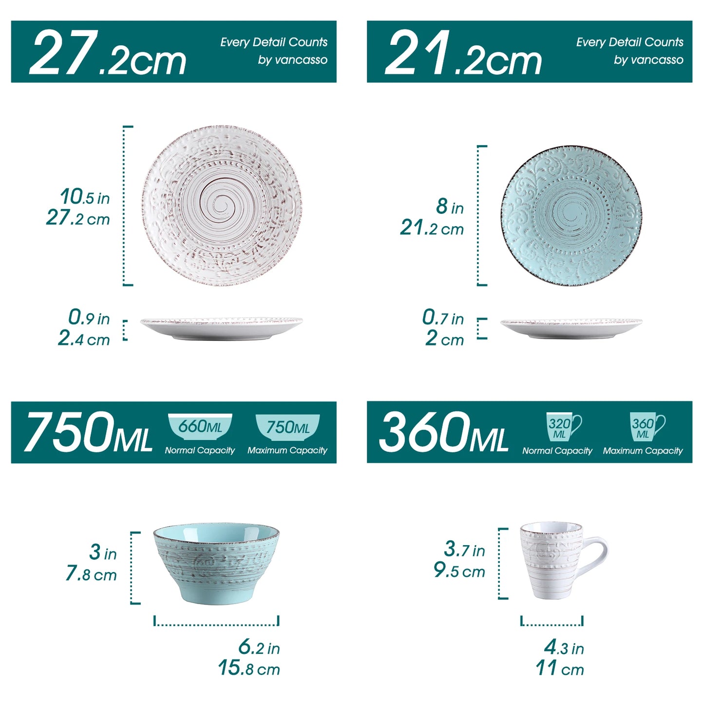 vancasso VINE 16/32/48 Ceremic Plates Dinner Set Stoneware Tableware Set with Dinner Plate,Dessert Plate,Bowl,Mug for 12 Person