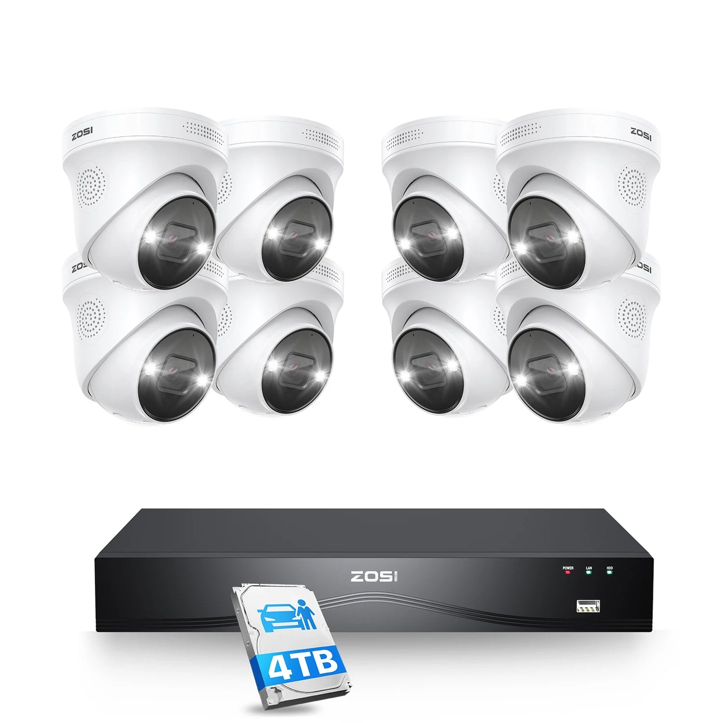 ZOSI 4K 8MP PoE Security Camera System 16 Port 32CH Dual-Disk NVR 4TB AI Detection Audio CCTV Surveillance for Home Business