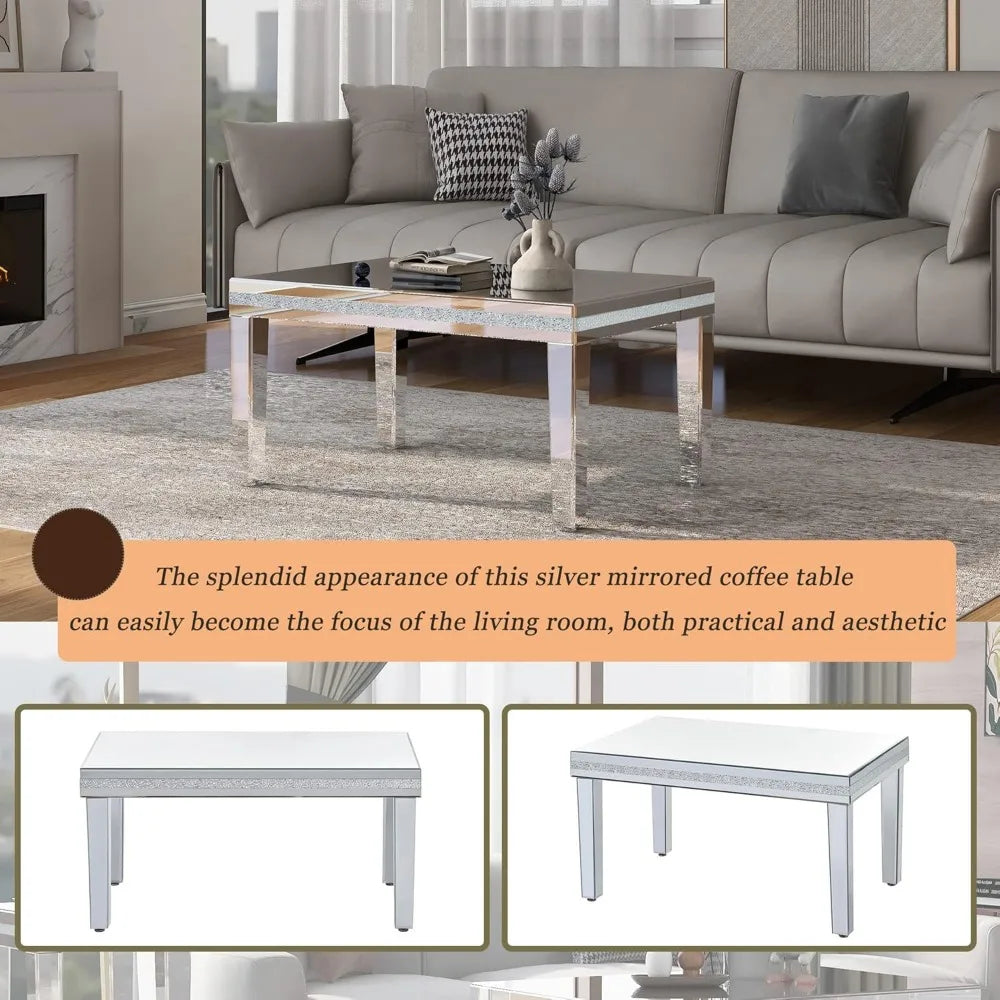 Luxury Silver Mirrored Coffee Table with Crystal Accents