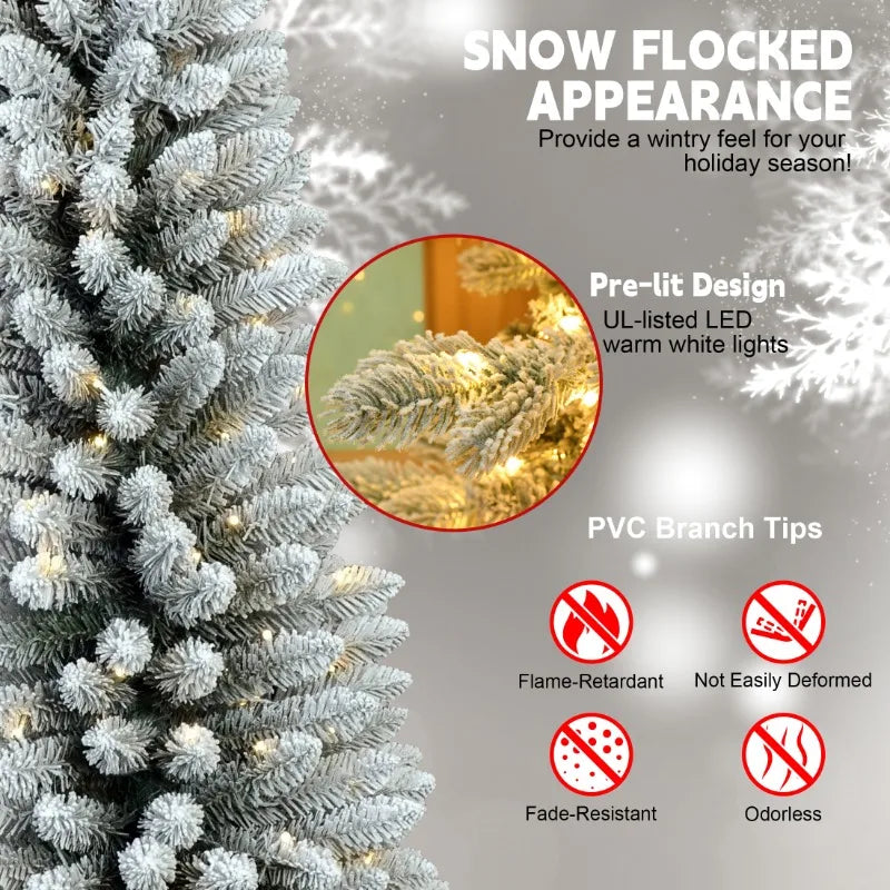 6Ft Pre-Lit Flocked Portland Pine Pencil Artificial Christmas Tree